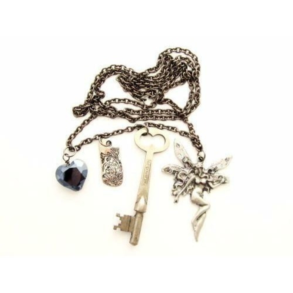 Fairy, Key, Engraved Dream‎ Tag & Crystal Heart Shaped Charms Necklace
